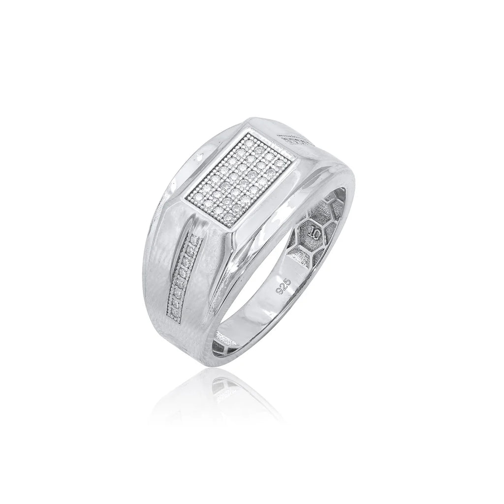Rhodium 925 Silver Men's Moissanite Rectangle Top Pavé Ring