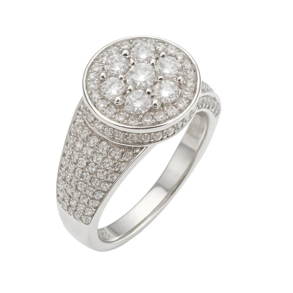 Rhodium 925 Silver Men's Moissanite Round Pavé Encrusted Ring