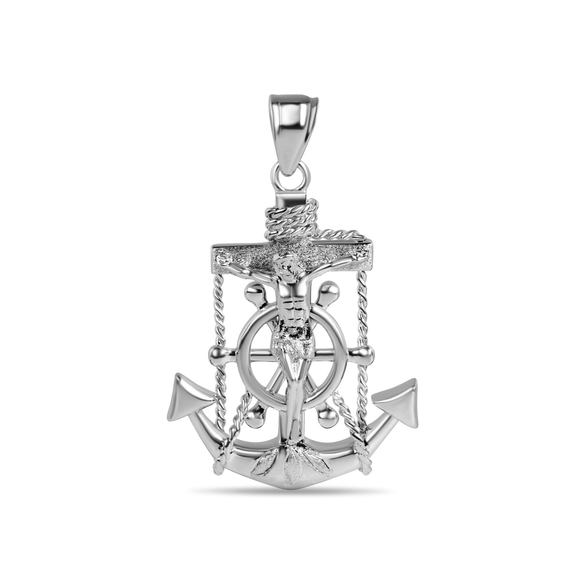 Rhodium-Plated 925 Sterling Silver Mariner Anchor Cross Crucifix Pendant