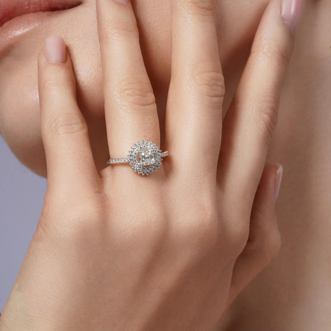 Rhodium 925 Silver Moissanite Square Halo Double Pave Ring