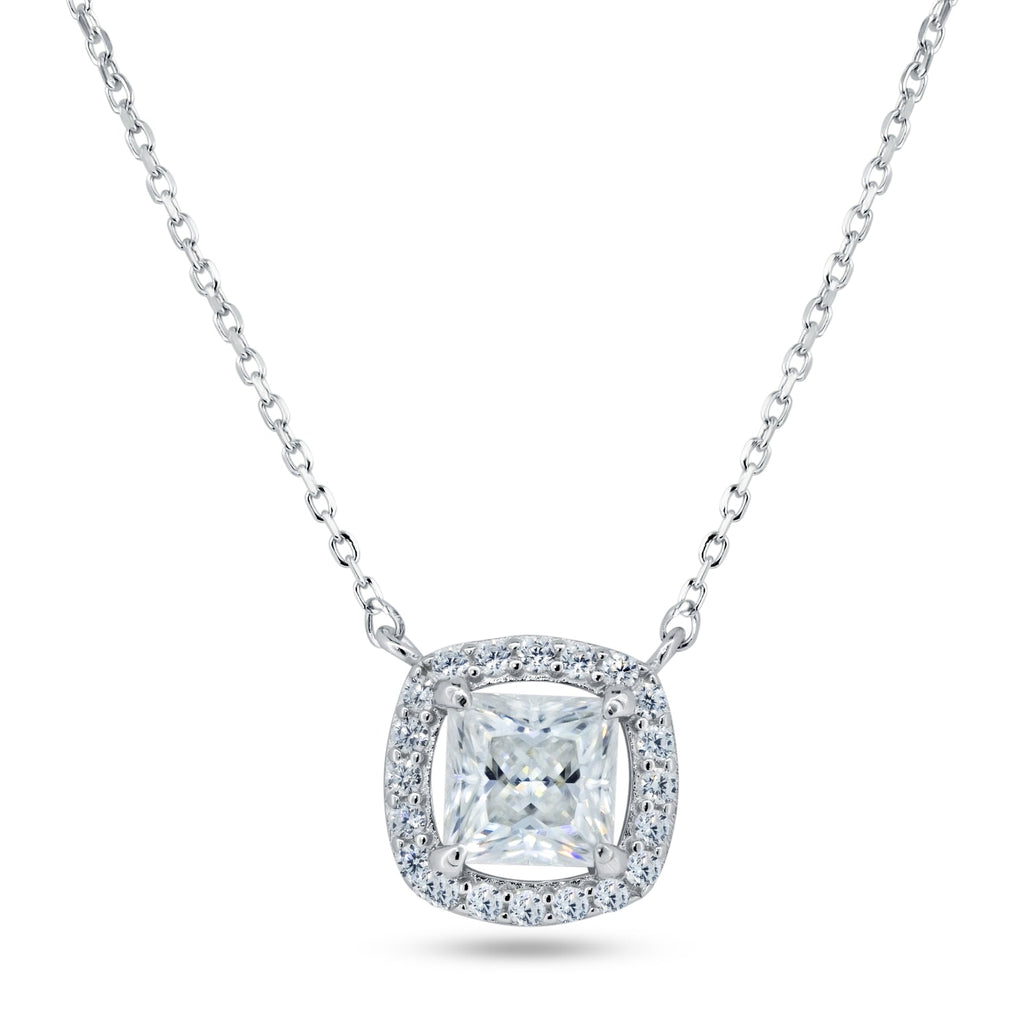 Rhodium 925 Silver Moissanite Square Cushion Halo Necklace