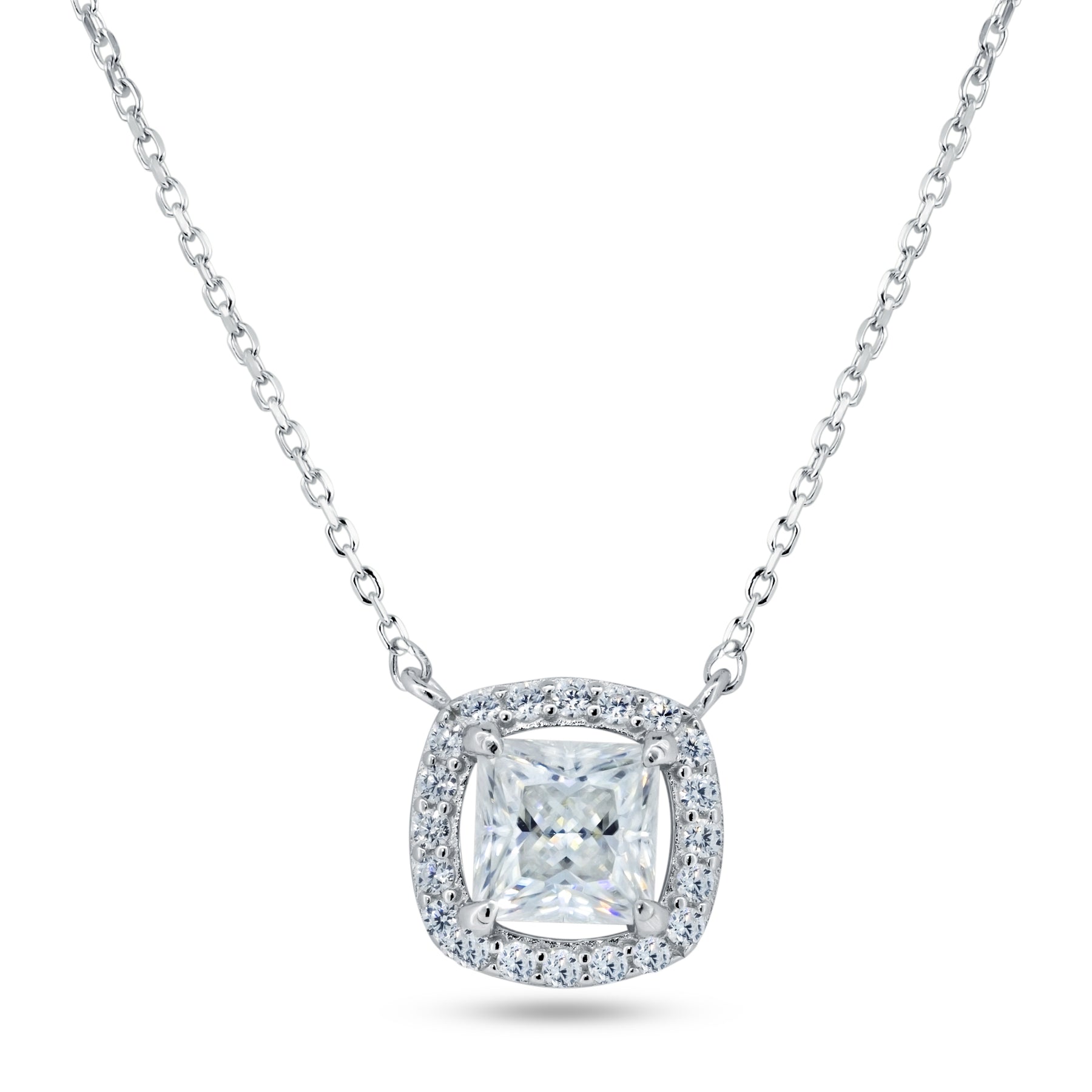 Rhodium 925 Silver Moissanite Square Cushion Halo Necklace