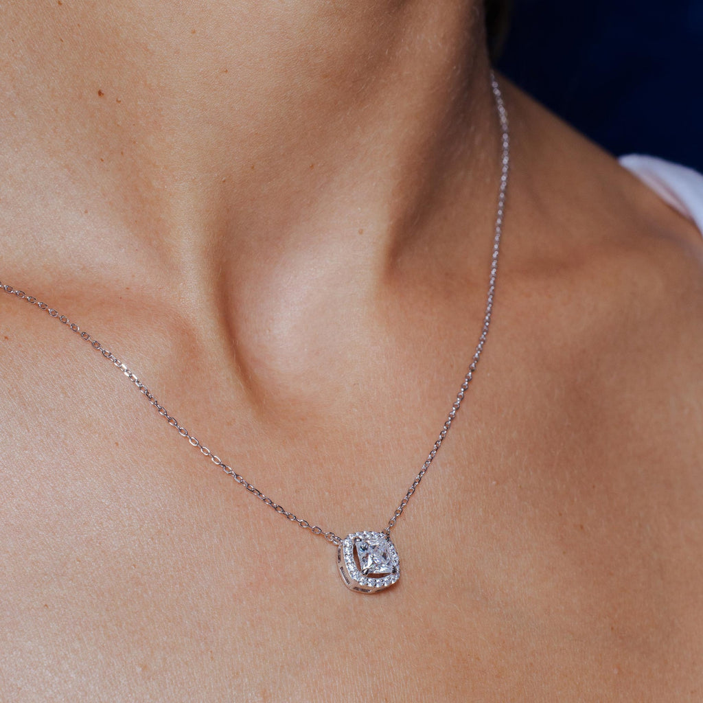 Rhodium 925 Silver Moissanite Square Cushion Halo Necklace
