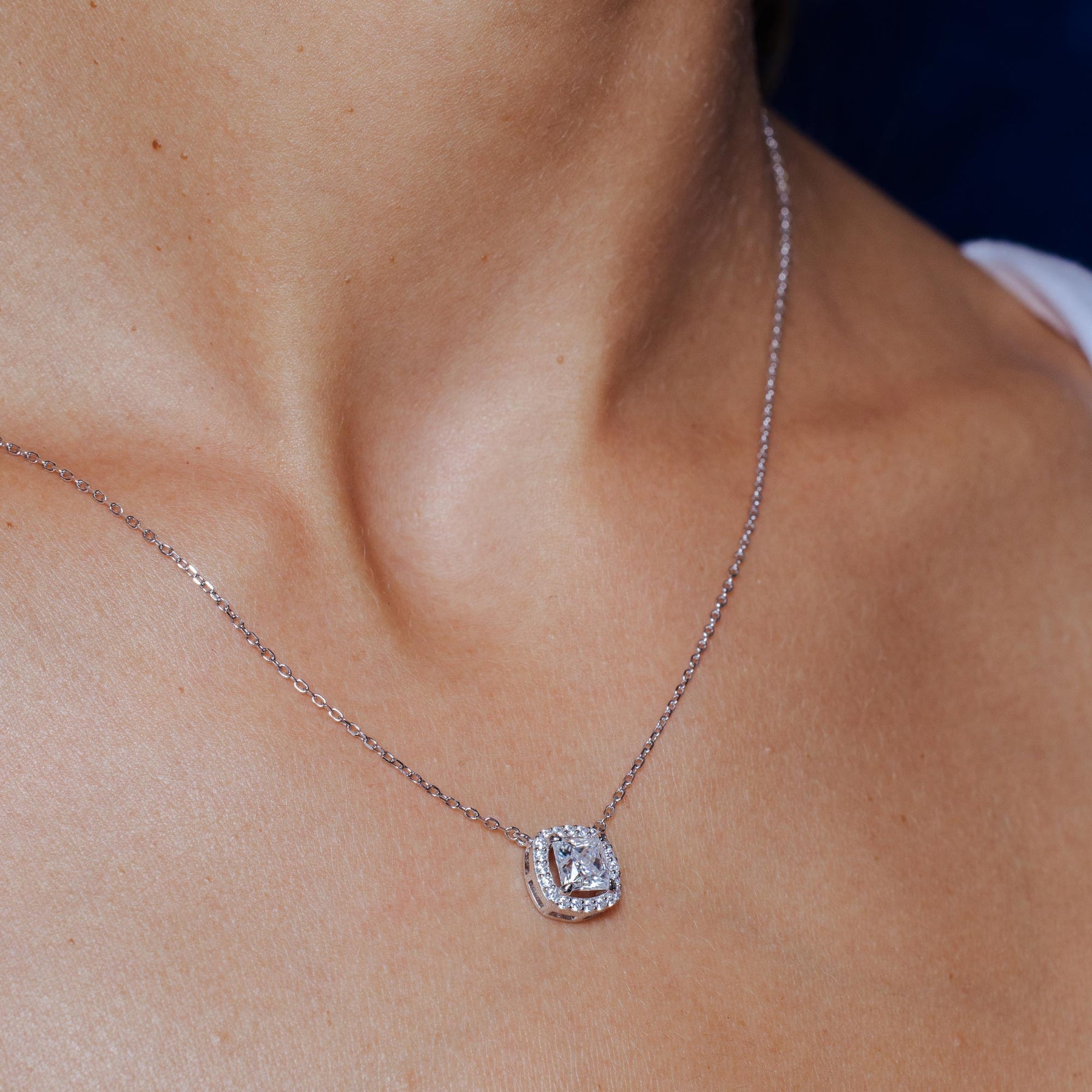 Rhodium 925 Silver Moissanite Square Cushion Halo Necklace