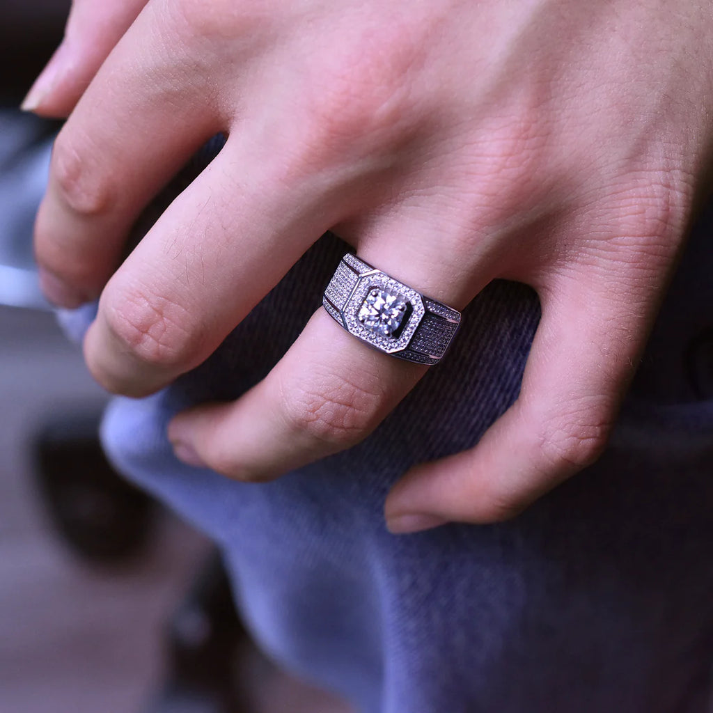 Rhodium 925 Silver Men's 1ct Moissanite Encrusted Ring