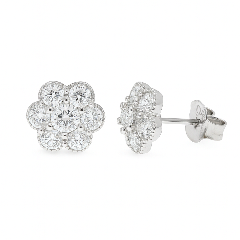 Rhodium 925 Silver Moissanite Cluster Flower Stud Earrings