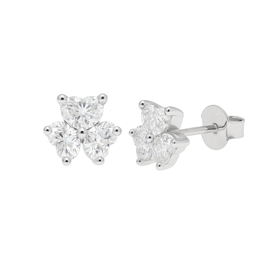 Rhodium 925 Silver Moissanite Three Stone Flower Stud Earrings