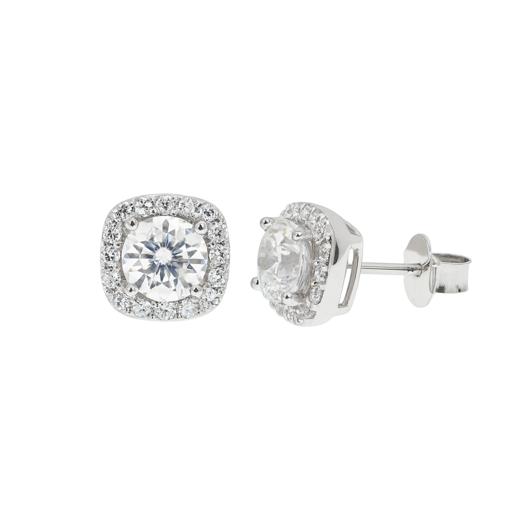 Rhodium 925 Silver Moissanite 7.6MM Cushion Halo Stud Earrings