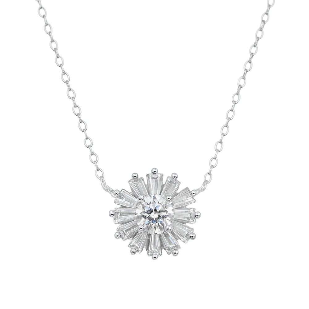 Rhodium 925 Silver Radiant Burst Moissanite Pendant Necklace