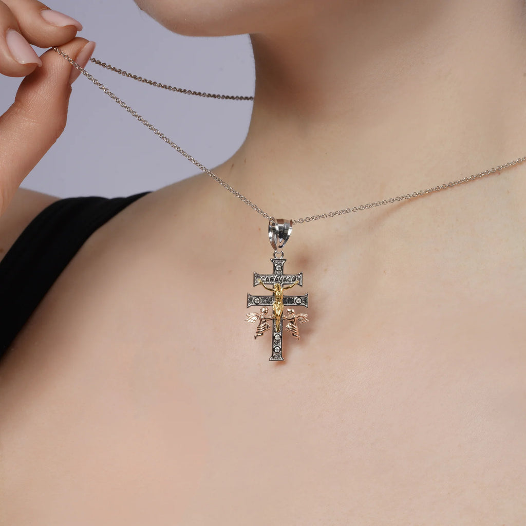 Three-Tone 925 Silver Moissanite Crucifix Cherubs Caravaca Pendant